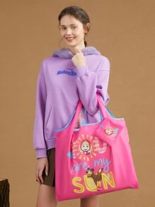 SHEIN X Masha and The Bear 粉紅色和藍色色塊可愛卡通人物,熊、太陽和雲朵圖案裝飾可折疊購物袋返校,老師禮物理想禮物,感謝禮物創意,欣賞禮物,印有字母的禮品袋,可重複使用,教師包教育者,媽媽理想新娘女傭禮物 - 粉色 - 查看 8