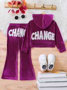 SHEIN 女小童刺繡字母圖案絲絨拉鍊開襟連帽衫和喇叭褲 - 玫紅色 - 查看 1