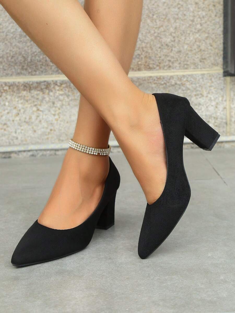 Black Point Toe Pumps, Chunky Heeled Court Pumps For Women - Black - View 1