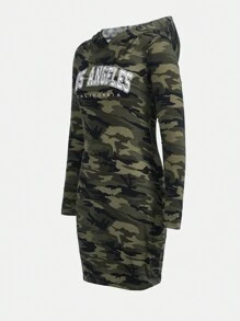 青少年女孩字母圖案迷彩連帽洋裝 - 軍綠色 - 查看 5