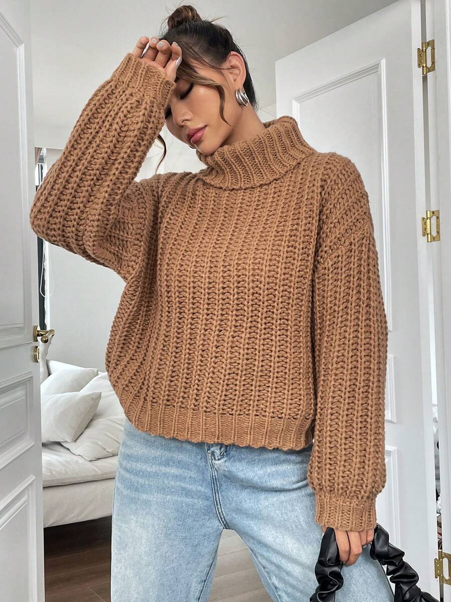 SHEIN Essnce Jersey cuello alto de hombros caídos - Marrón Mocha - Ver 1