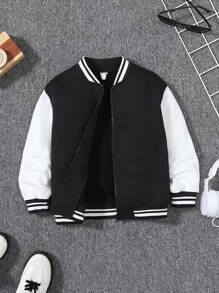 SHEIN 男小童卡通和字母圖案條紋飾邊學院風夾克 - 黑色 - 查看 2