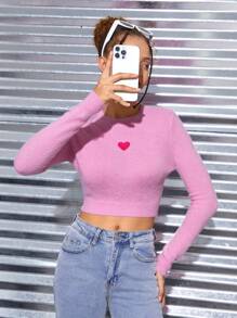 SHEIN 青少年女孩愛心圖案短款毛衣 - 粉色 - 查看 4