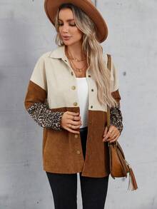 EMERY ROSE Leopard Print Colorblock Drop Shoulder Corduroy Coat - Multicolor - View 3