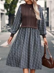 EMERY ROSE 碎花假兩件洋裝 - 卡其色 - 查看 5