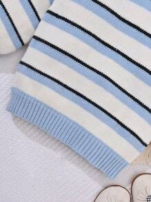 SHEIN Young Girl Striped Pattern V Neck Sweater - Blue and White - View 4