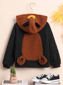 SHEIN Young Boy Cartoon Embroidery 3D Ear Design Hooded Teddy Jacket,In Fall/Winter - Brown - View 2