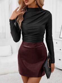 SHEIN Clasi Top negra asimétrica con cuello de tortuga y drapeado - Negro - Ver 5