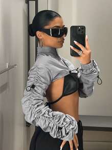 SHEIN ICON Drawstring Side Super Crop Jacket - Grey - View 4