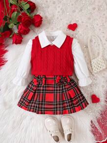 SHEIN 圣诞礼物，女婴泡泡袖衬衫、格纹百褶裙和背心 - 紅色 - 查看 3