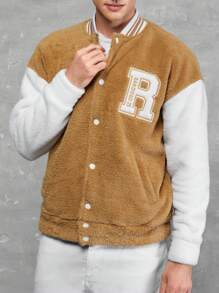 RueChic Men Letter Patched Striped Trim Drop Shoulder Teddy Varsity Jacket - Brown - View 4