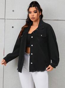 SHEIN EZwear 大碼翻蓋口袋毛邊牛仔夾克 - 黑色 - 查看 1