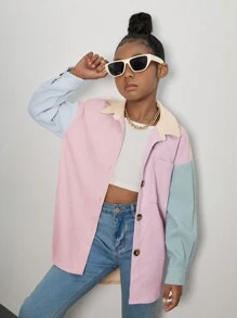 SHEIN 女大童撞色落肩袖燈芯絨大衣 - 卡其色 - 查看 1