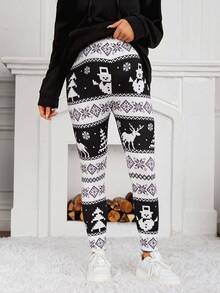 SHEIN Maternity Adjustable Waist Christmas Print Leggings - Black and White - View 4