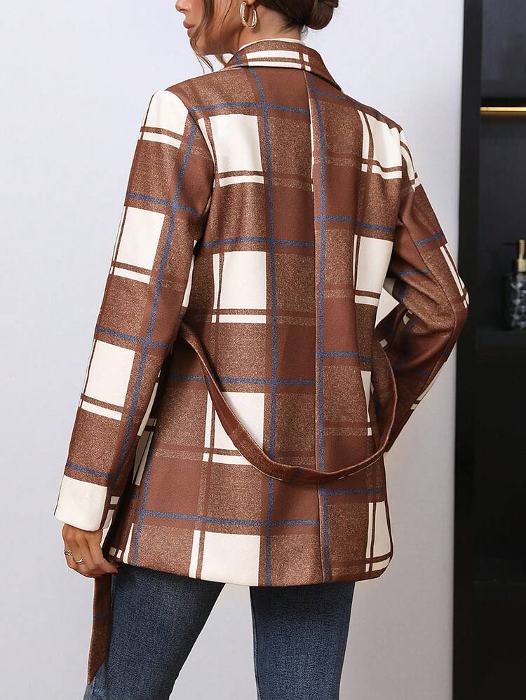 Plaid Print Lapel Neck Belted Overcoat Fall Cloth For Women