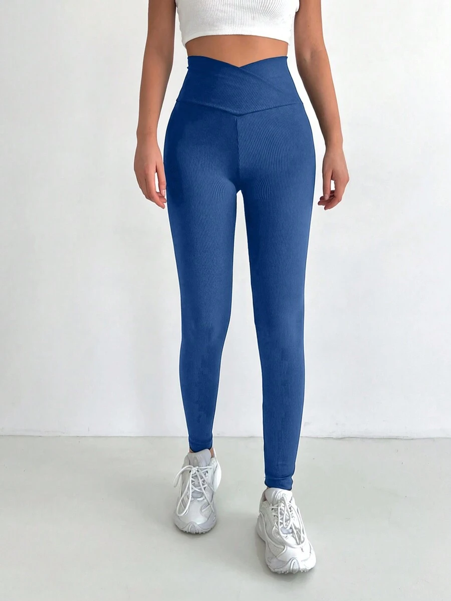 SHEIN Cottnline Solid V Waist Leggings - Blue - View 1
