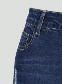 SHEIN ChillGRL Teen Girl Ripped Roll Up Hem Jeans - Dark Wash - View 8