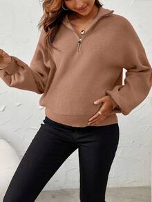 SHEIN 孕婦半拉鏈落肩袖套頭毛衣 - 珊瑚橙 - 查看 4