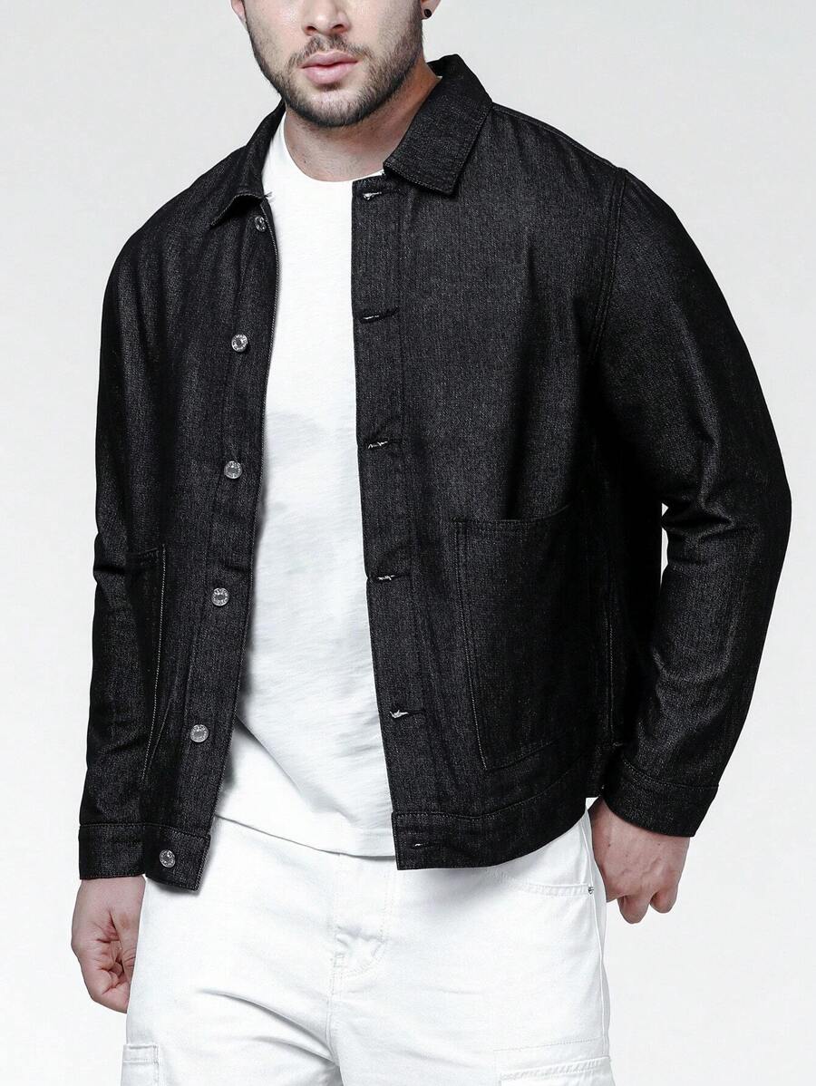 Manfinity Homme Men Plus Dual Pocket Button Up Denim Jacket - Black - View 1