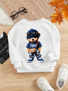 SHEIN Young Boy Bear Doll Print Drop Shoulder Thermal Lined Sweatshirt - White - View 7