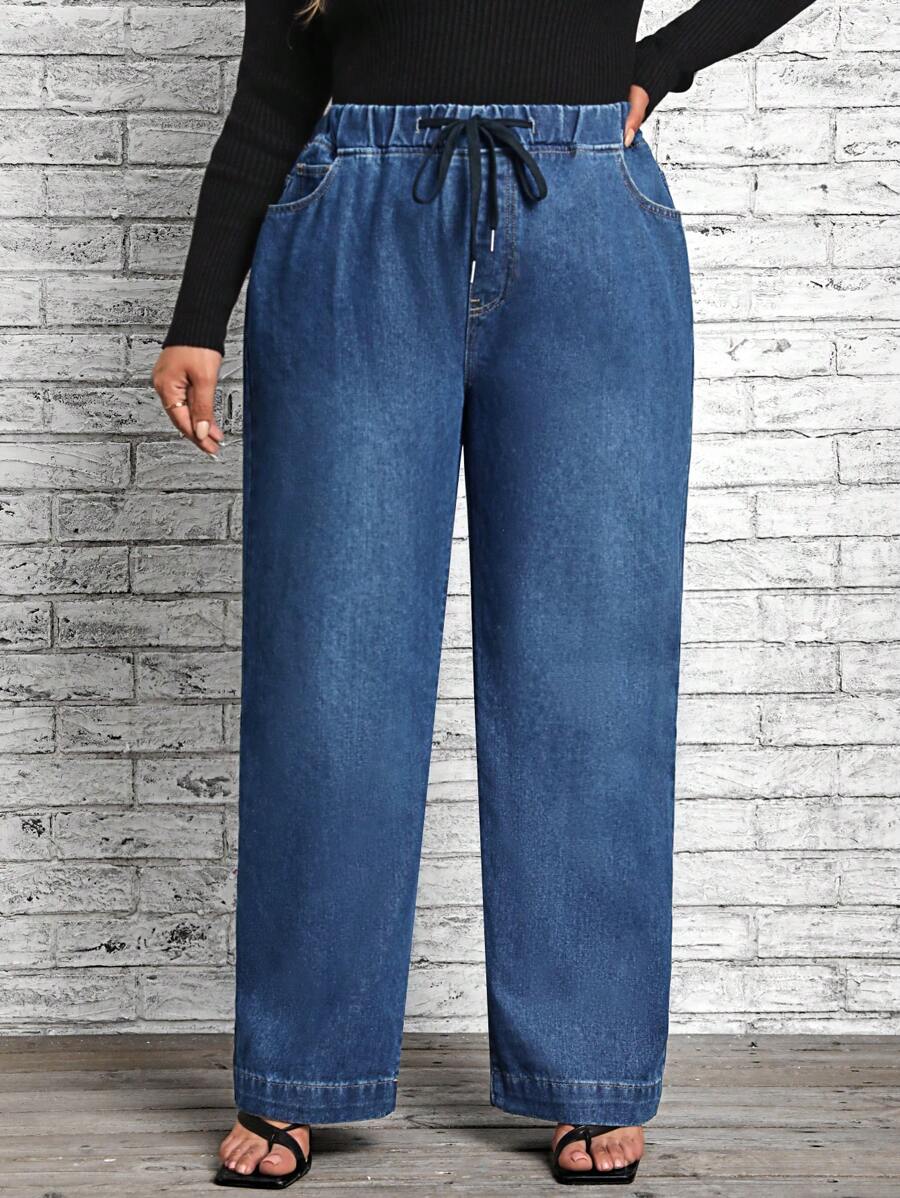 SHEIN LUNE 大碼腰部抽繩直筒牛仔褲 - 深色水洗藍 - 查看 1