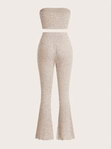 SHEIN EZwear Solid Tube Top & Flare Leg Pants - Apricot - View 2