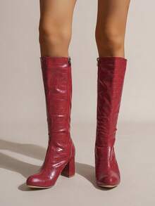 2025秋冬新款时尚圆头休闲高筒靴女高跟马术靴粗跟英伦风 - 紅色 - 查看 6