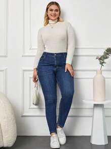 Plus Size  Zipper Fly Skinny Jeans - Navy Blue - View 5