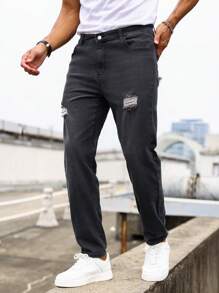 Manfinity Homme Men Ripped Frayed Straight Leg Jeans - Black - View 1