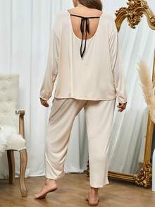 加上落肩系带上衣和裤子睡衣套装/睡衣套装 - 杏色 - 查看 2