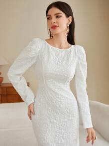 Modelyn Fuzzy Hem Puff Sleeve Jacquard Dress - White - View 3