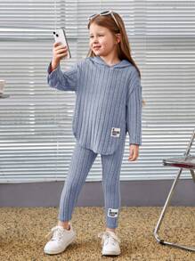 SHEIN Leap Crew Cô Gái Trẻ Thư được vá áo có mũ Áo thun và Leggings - Màu xanh nhạt - Xem 3