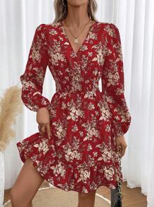 Breezaya In hoa Tay áo lồng đèn Xù Hoa Sen Đầm - Đỏ - Xem 5