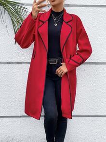 SHEIN LUNE Contrast Binding Lapel Neck Overcoat - Red - View 4