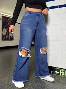 SHEIN ICON Talla grande Jeans de talle alto desgarro bajo crudo de pierna ancha - Azul lavado medio - Ver 6