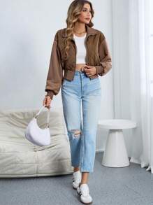 SHEIN Essnce 落肩袖拉鏈開襟絎縫外套 - 咖啡棕 - 查看 5