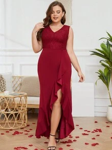 大碼上身蕾絲荷葉邊不對稱下擺連衣裙 - 酒紅色 - 查看 3