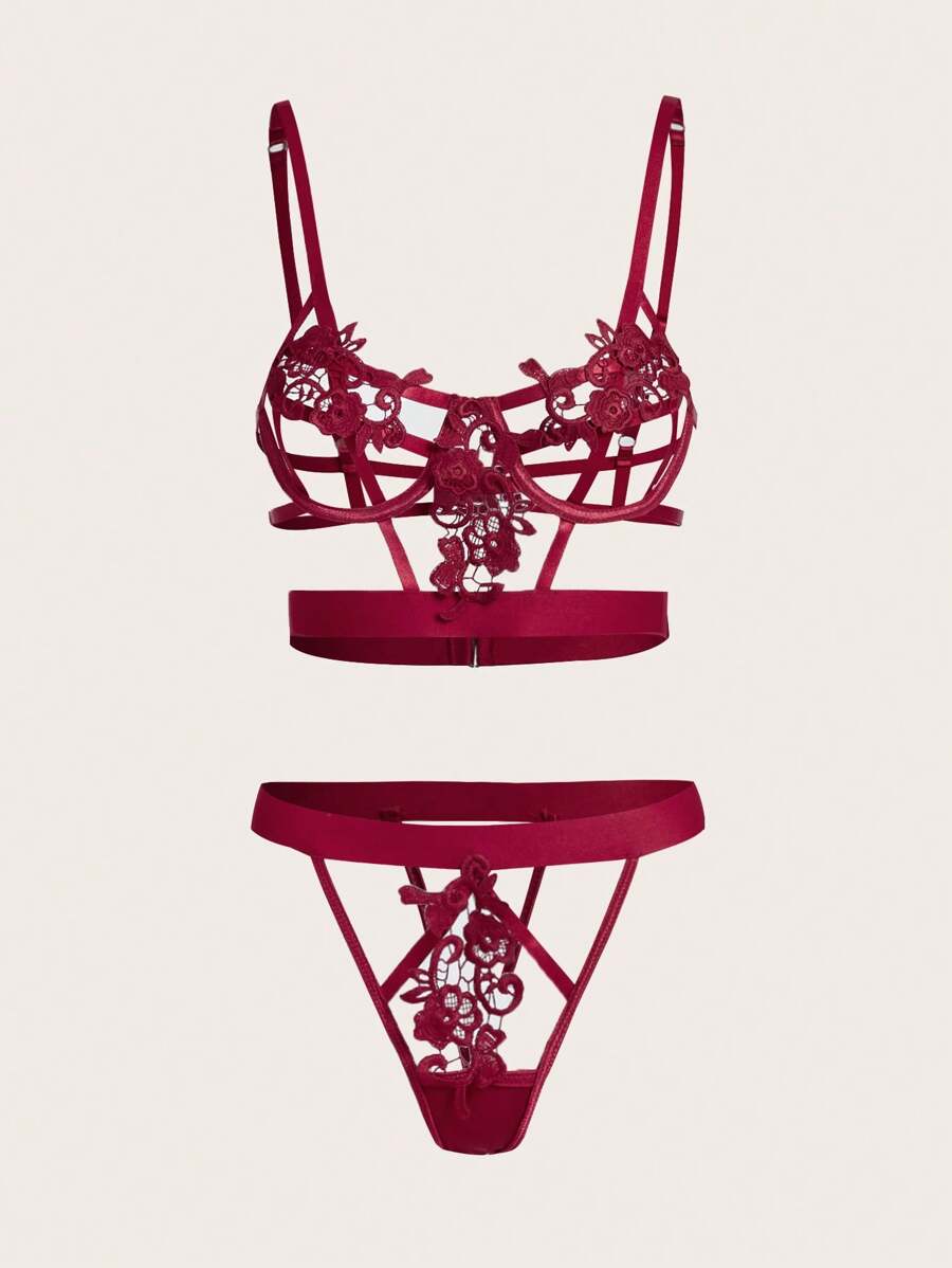 性感露背水溶蕾絲胸衣套裝,帶鋼圈