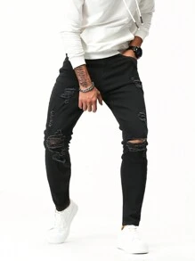 Manfinity 男士破洞抽鬚緊身牛仔褲 - 黑色 - 查看 5