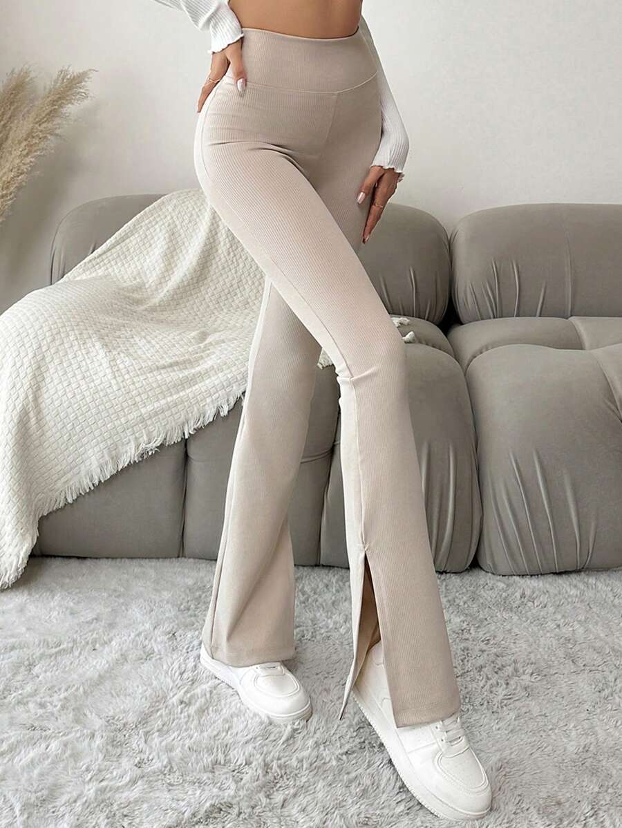 EURMUSE High Waist Split Hem Flare Leg Pants - Apricot - View 1