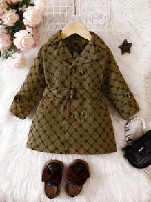 SHEIN Baby Boy Allover Print Double Breasted Belted Trench Coat