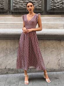 SHEIN Ditsy Floral Print Ruffle Trim Dress - Burgundy - View 3