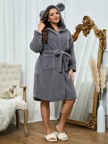 大碼3D耳朵設計連帽腰帶法蘭絨睡袍 - 深灰色 - 查看 4