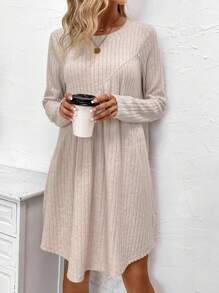 SHEIN LUNE Solid Ribbed Knit Smock Dress - Apricot - View 5