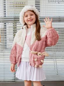 SHEIN Young Girl Two Tone Drop Shoulder Teddy Jacket With Bear Bag - Pink - View 1