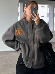DAZY Đồ họa Chữ cái Dây kéo Áo khoác bomber - Màu xám đen - Xem 3