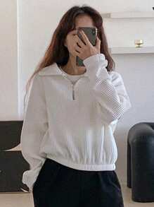 DAZY Solid Half Zip Drop Shoulder Ribbed Knit Sweatshirt - White - View 1