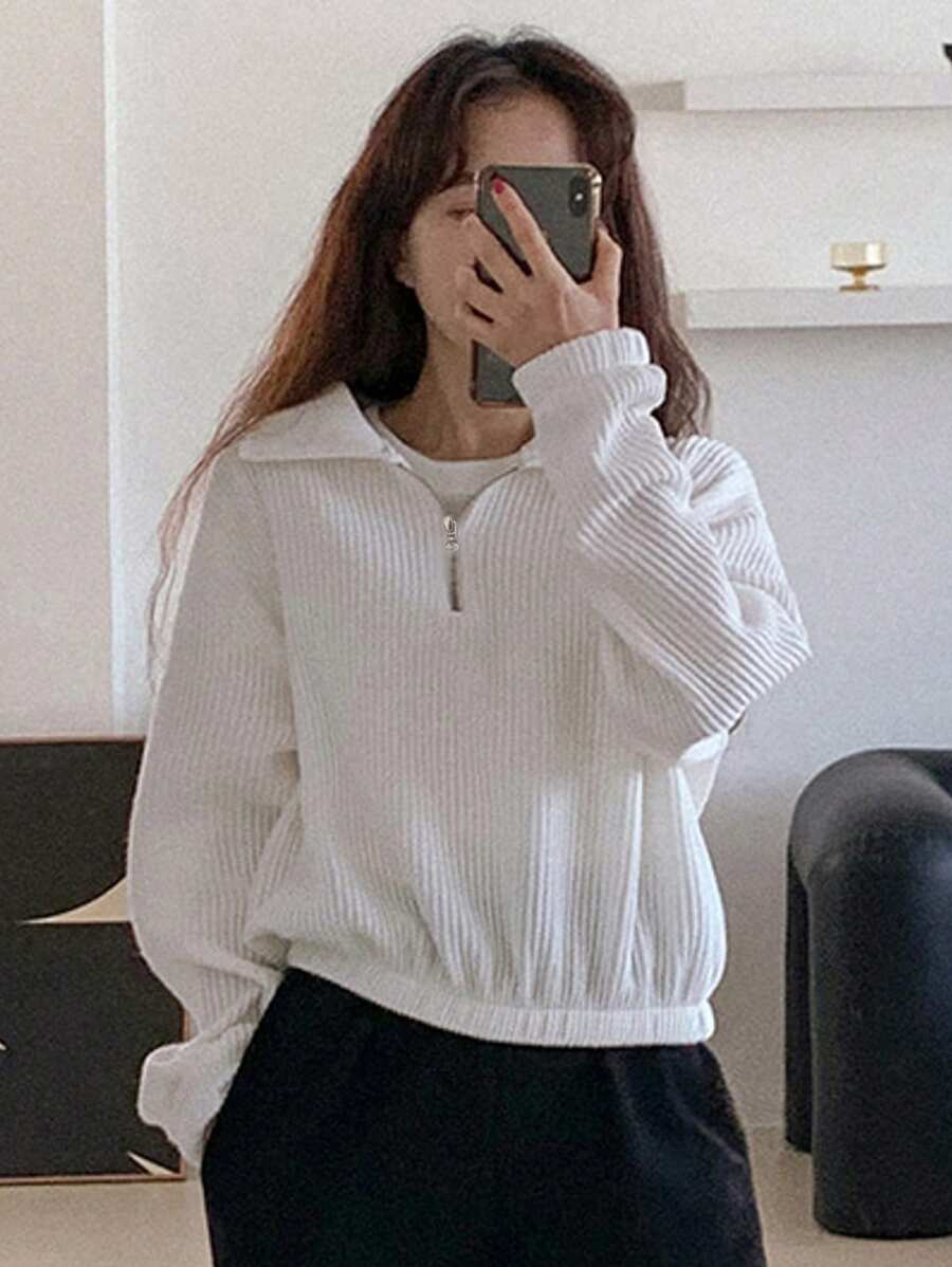 DAZY Solid Half Zip Drop Shoulder Ribbed Knit Sweatshirt - White - View 1