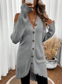 SHEIN LUNE Cold Shoulder Button Front Cold Shoulder Distressed Cardigan - Light Grey - View 3