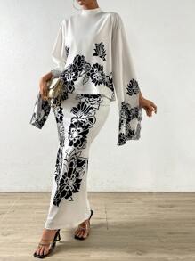 Chiquease Floral Print Mock Neck Split Sleeve Top & Mermaid Hem Skirt - White - View 1